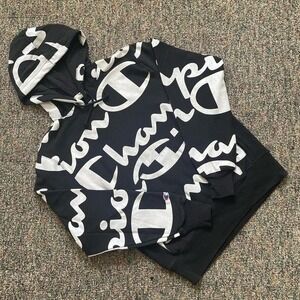 Champion Reverse Weave Hoodie All Over Print Logo Black White Mens Medium